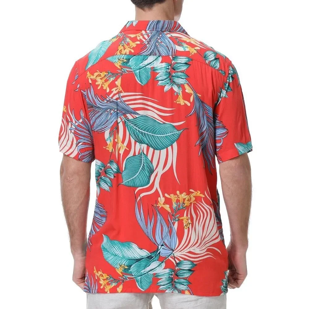 Alex Vando Premium Aloha Beach Hawaiian Button Down Shirt Orange Leaf Medium